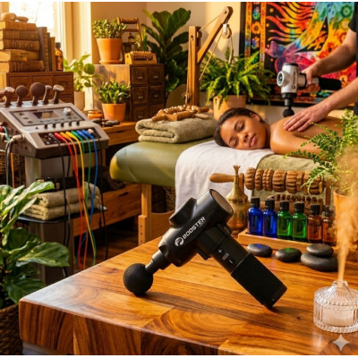 Новий ударний перкусійний масажер з 30 режимами, 21 насадкою та батареєю 2500mAhв комплекті з чорним кейсом