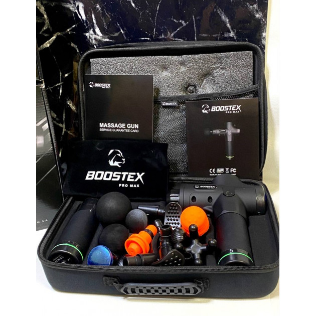 Модель 2024г. Ударный перкуссионный массажер Boostex (Massage Gun) 30 режимов, 20 насадок, запасная батарея 2500am/h, кейс