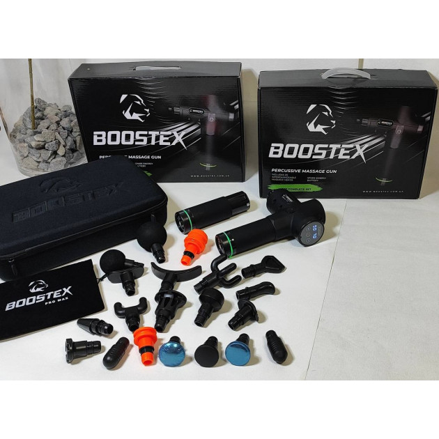 Модель 2024г. Ударный перкуссионный массажер Boostex (Massage Gun) 30 режимов, 20 насадок, запасная батарея 2500am/h, кейс