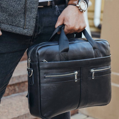 Кожаная мужская сумка для ноутбука и документов черная 39x28x8, портфель для бумаг, черный