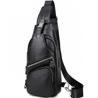 Сумка-слинг мужская на плечо 17х32х7, кожаный нагрудной рюкзак для города TIDING BAG MK16094 черный