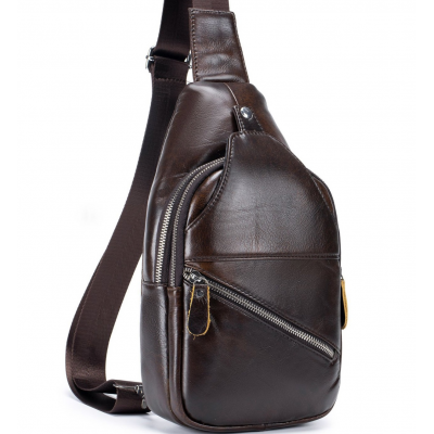 Мужской кожаный рюкзак на одно плечо 18х32х7, сумка-слинг для города TIDING BAG MK03983 коричневая