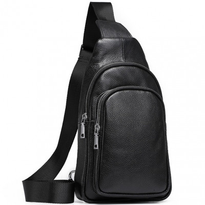Слинг кожаный мужской на плечо18х32х8, нагрудна сумка рюкзак для студента TIDING BAG TH-73583 черная
