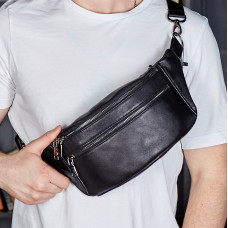 Стильна чоловіча бананка з натуральної гладкої шкіри 14х25х10, сумка нагрудна для телефону NM-50358 чорна