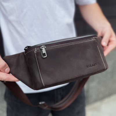 Сумка-бананка из кожи 24х11х8, мужской крези хорс для гаджетов на пояс CH-7371 коричневая