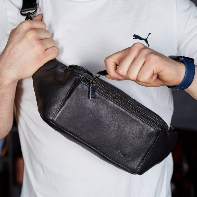 Сумка-бананка для телефона 11х25х8, стильный слинг из натуральной гладкой кожи TD-31848 черный