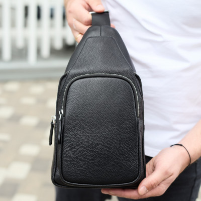 Мужская сумка-слинг из натуральной кожи 18х31х7, бананка через плечо Tiding Bag 34091 черная