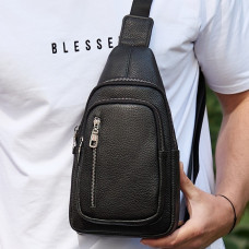 Сумка слінг чоловіча через плече 19х31х7, нагрудна сумочка рюкзак з натуральної шкіри TIDING BAG 32545 чорна