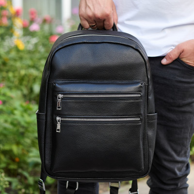 Городской мужской рюкзак из натуральной кожи 41х30х17, сумка для ноутбука и документов, черный