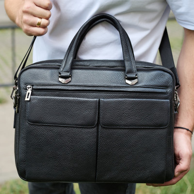 Сумка мужская офисная через плечо 39х29х10, практичный кожаный портфель для бизнеса, черный