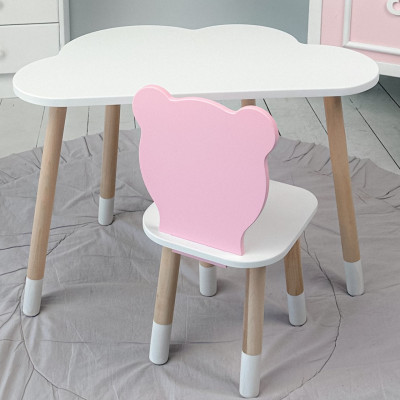 Детские набор столик и стульчик, стол облачко белый 46х70х40 и стульчик мишка розовый 26.5х26х25,