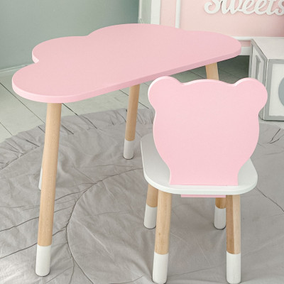 Столик облачка 46х70х40 и стул медвежа 26.5х26х25, детский стол и стульчик для рисования/занят, розовый с белым