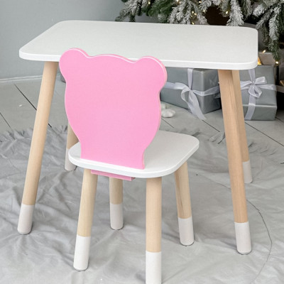 Стол прямоугольный 46х60х45 и стул медвежонок 26.5х26х25, столик и стульчик в детскую, белый с розовым