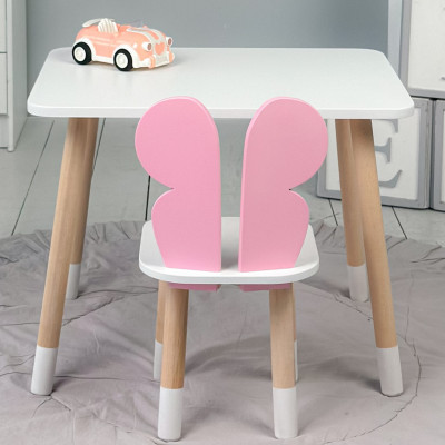 Столик прямоугольный 46х60х45 и стульчик бабочка 26.5х26х25, стол и стул в детскую, белый с розовым