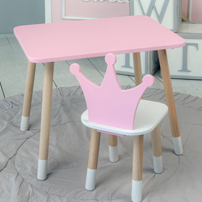 Стол прямоугольный 46х60х45 и стул корона 26.5х26х25, столик и стульчик для девочки до 7 лет, розовый белым
