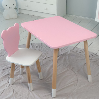 Стол прямой 46х60х45 и стул мордашка медвеженка 26.5х26х25, столик и стульчик для девочки, розовый с белым