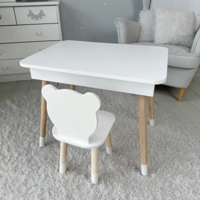Столик с откидным верхом 53х60х45 и стульчик медвежонок 26.5х26х25, стол и стул для взлобика от 1 года, белый