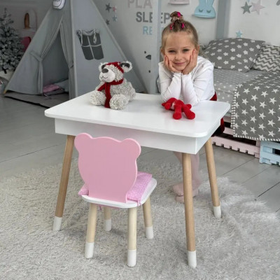 Стол прямоугольный с откидным ящиком 53х60х45 и стул медведик 26.5х26х25, столик и стульчик для девчачьей комнаты, розовый с белым