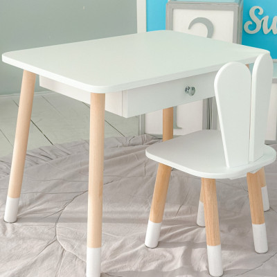 Стол прямоугольный с ящиком 46х60х45 и стул ушка кролика 26.5х26х25, столик и стульчик в детскую, белый