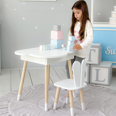 Столик облачко с поднимающаяся нишей 54х68х50 и стульчик ушки зайчика 26.5х26х25, стол и стул в детскую, белый