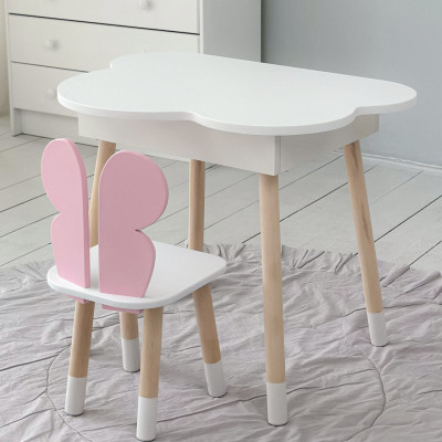 Столик облачка с нишей 54х68х50 и стульчик бабочка 26.5х26х25, стол и стул в детскую, белый с розовым