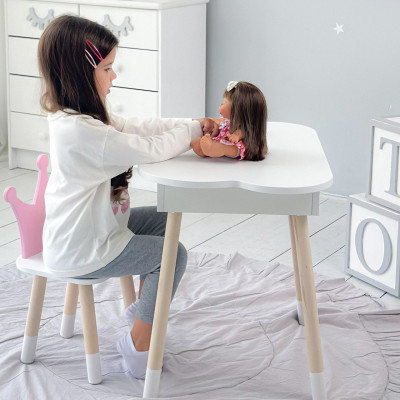 Столик облачко с удобной нишей 54х68х50 и стульчик корона 26.5х26х25, стол и стул в детскую, белый с розовым