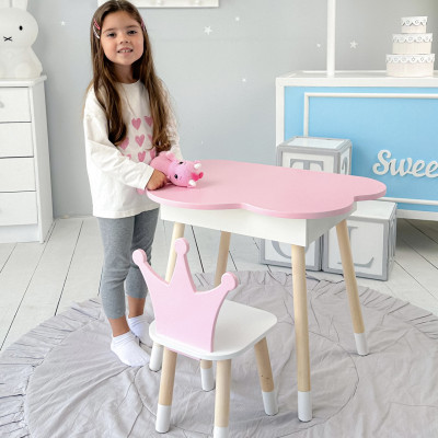 Столик облачко с откидной нишей 54х68х50 и стульчик корона 26.5х26х25, стол и стул в детский, белый