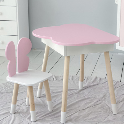 Столик облачко с нишей 54х68х50 и стульчик спинка в форме бабочки 26.5х26х25, стол и стул в детскую, розовый с белым