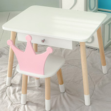 Дитячий столик білий і стільчик корона біло-рожевий. Столик із шухлядою для олівців і розмальовок 56787