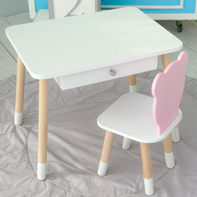 Стол прямоугольный с ящиком 46х60х45 и стул мордочка медвежонка 26.5х26х25, столик и стульчик для детской комнаты, белый с розовым