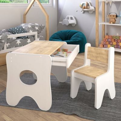 Набор детской мебели столик с ящиком и стульчик 70×45×51, стол и стул для детей, белый с деревом