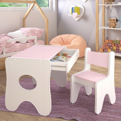 Набор детской мебели столик с ящиком и стульчик 70×45×51, стол и стул для детей, белый с розовым