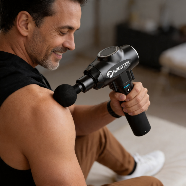 Профессиональный перкуссионный массажер для мышц Booster E (24V) Черный — ударный пистолет для снятия напряжения и боли.