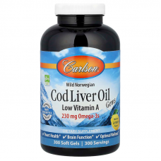 Риб'ячий жир з печінки тріски, Cod Liver Oil Gems, Carlson, лимон, з низьким вмістом вітаміну А, 300 гелевих капсул