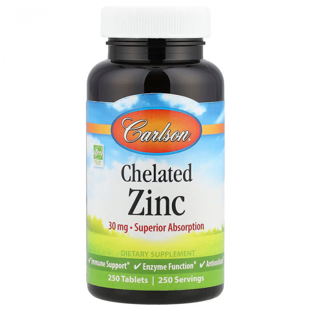 Цинк хелатний, Chelated Zinc, Carlson, 250 таблеток