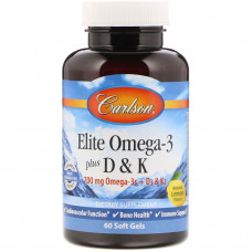 Омега 3 + вітамін D3 і вітамін К, Omega-3 Plus D & K, Carlson, 60 гелевих капсул