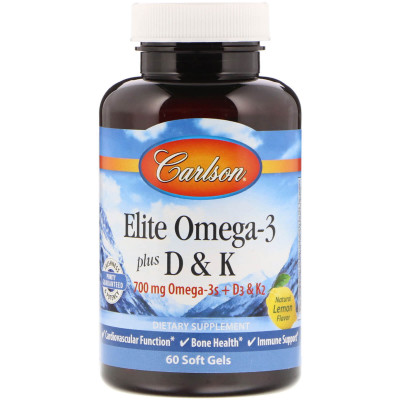 Омега 3 + вітамін D3 і вітамін К, Omega-3 Plus D & K, Carlson, 60 гелевих капсул