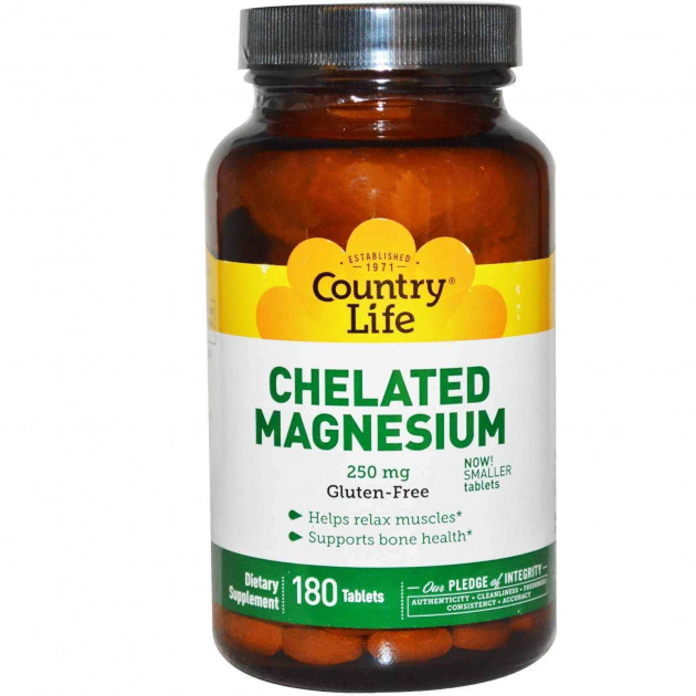 Магній хелат, Chelated Magnesium, Country Life, 250 мг, 180 таблеток