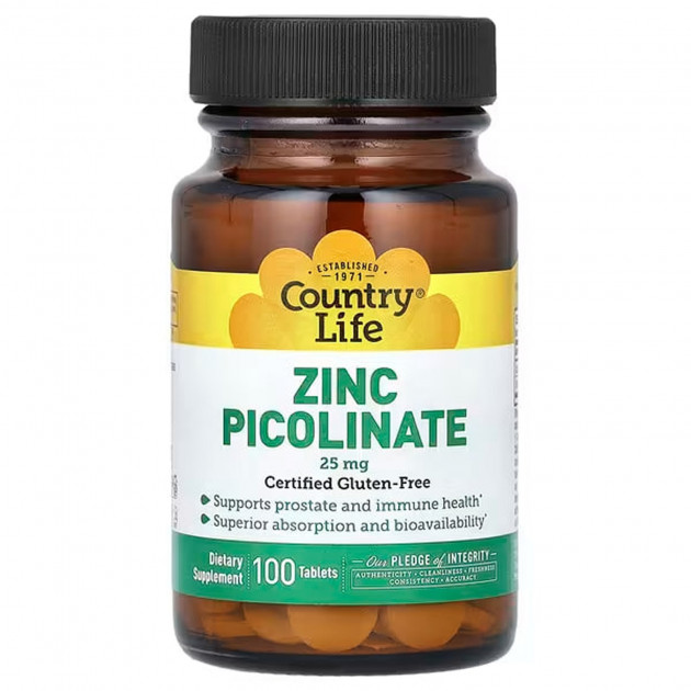 Цинк піколінат, Zinc Picolinate, Country Life, 25 мг, 100 таблеток