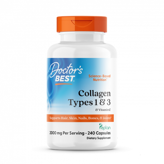 Колаген 1 і 3 типу, Types 1 and 3 with Peptan, Doctor's Best, з пептаном та вітаміном C, 500 мг, 240 капсул (125 мг у капсулі)