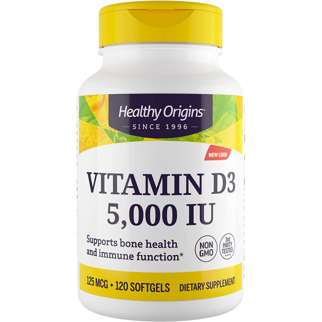 Вітамін D3, Vitamin D3, Healthy Origins, 125 мкг (5000 МО), 120 гелевих капсул