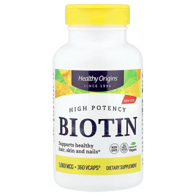 Біотин, Biotin, Healthy Origins, висока концентрація, 5000 мкг, 360 вегетаріанських капсул