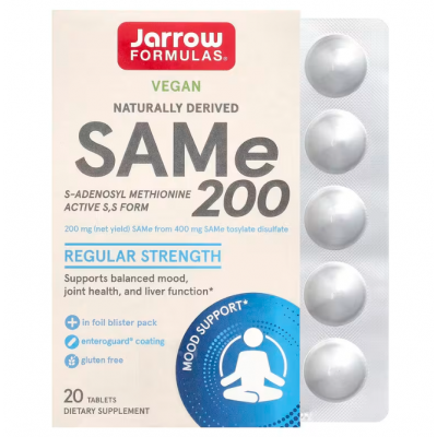 Аденозилметіонін, Sam-e (S-Adenosyl-L-Methionine), Jarrow Formulas, 200 мг, 20 таблеток, покритих кишковорозчинною оболонкою