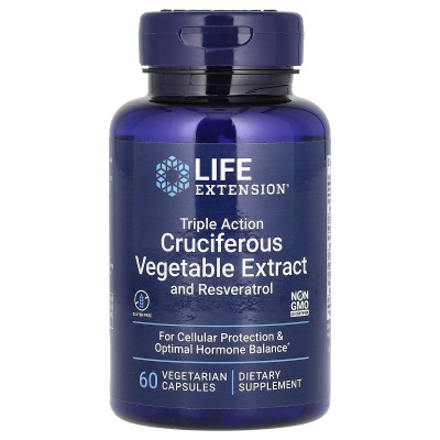 Екстракт хрестоцвітих овочів з ресвератролом, Triple Action Cruciferous Vegetable Extract with Resveratrol, Life Extension, 60 капсул