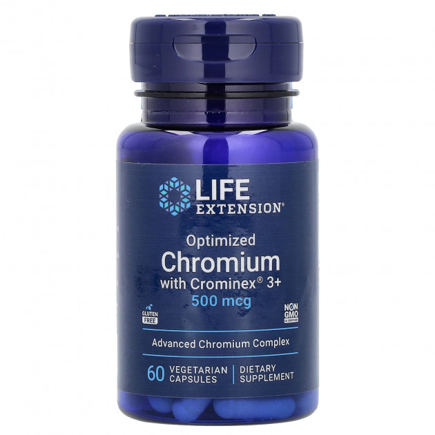 Хром, Optimized Chromium with Crominex 3+, Life Extension, оптимізований, 500 мкг, 60 вегетаріанських капсул