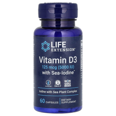 Вітамін D3, Vitamin D3, Life Extension, з йодом, 125 мкг (5000 МО), 60 капсул