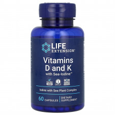Вітамін D і К з йодом, Vitamins D and K with Sea-Iodine, Life Extension, 60 капсул