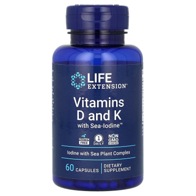 Вітамін D і К з йодом, Vitamins D and K with Sea-Iodine, Life Extension, 60 капсул