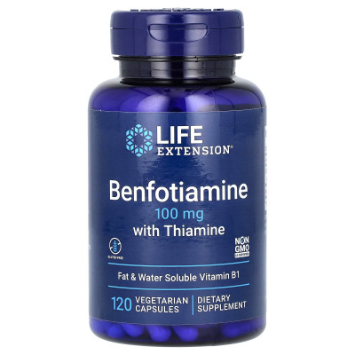 Бенфотіамін, Benfotiamine, Life Extension, з тіаміном, 100 мг, 120 вегетаріанських капсул