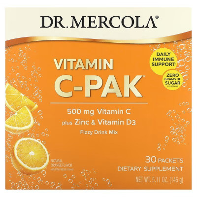 Вітамін С + цинк та вітамін D3, Vitamin C-PAK with Quercetin, Dr. Mercola, зі смаком апельсина, 500 мг, 30 пакетиків (4.84 г кожний)